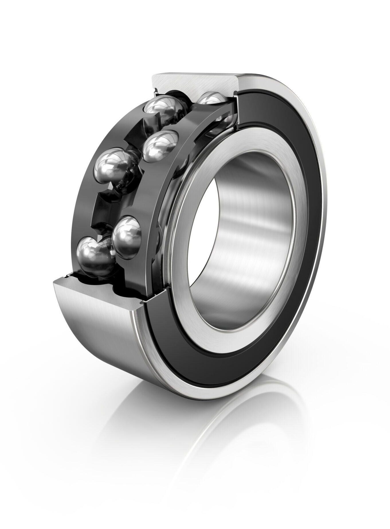 Angular ball bearing with double row and plastic cage. Partial cross section shown.