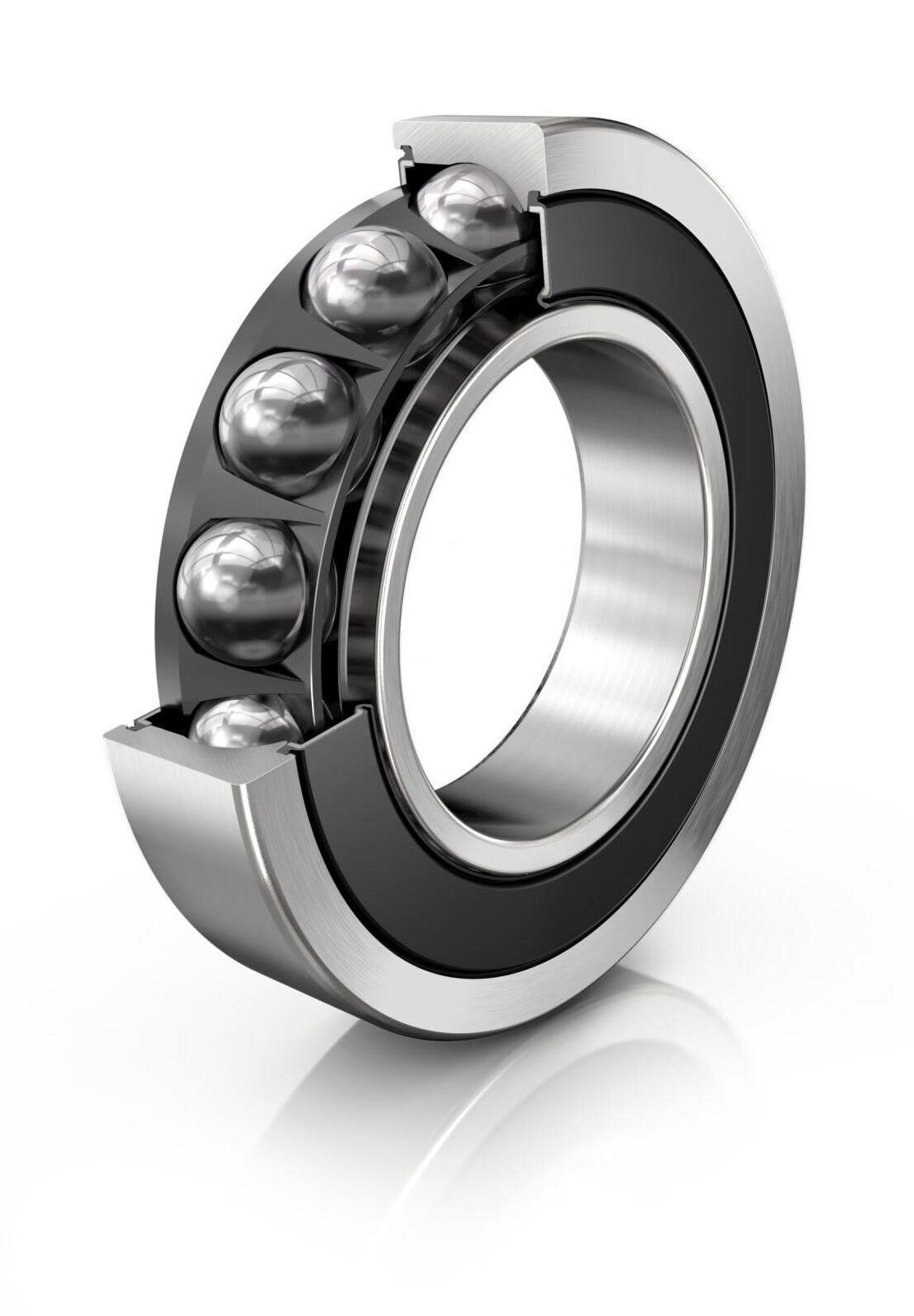Angular ball bearing with single row and plastic cage. Partial cross-section shown of balls and raceways.