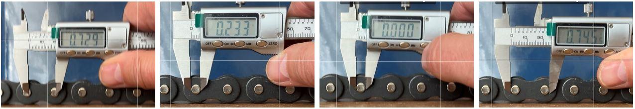 A hand is shown in successive images showing how to correctly use the measuring tool for chain pitch.