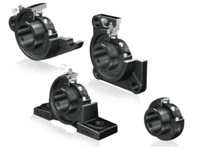 Four visuals of a radial insert ball bearing painted black are shown in various states of cross section and assembly. 