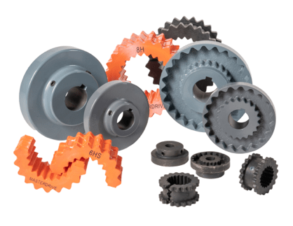 A variety of Masterdrive couplings are shown in orange, grey, and dark grey. 